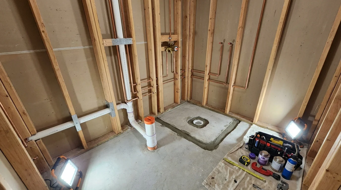 Bathroom rough-in plumbing during remodel by Johns Plumbing LLC in Western Springs