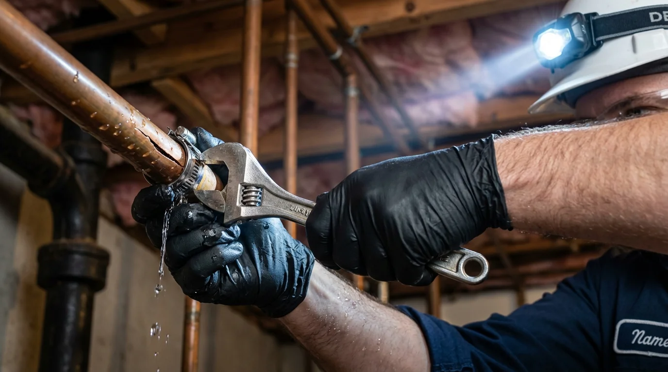 Emergency pipe clamp repair being performed by a Johns Plumbing LLC plumber in Western Springs