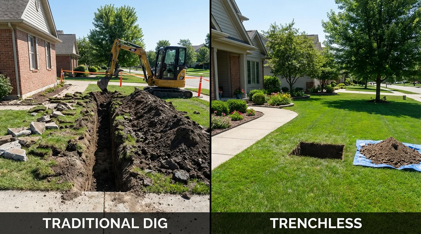 Trenchless sewer repair with minimal yard damage versus traditional excavation in Western Springs, IL
