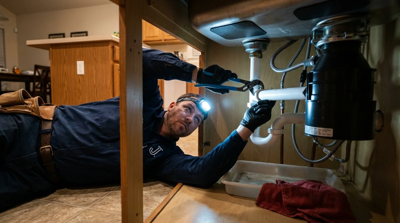 P-trap and supply line connections under a kitchen sink showing a common leak point in Western Springs, IL